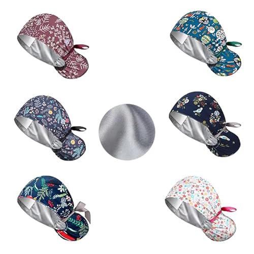6 x Women's Surgical Caps with Satin Lining, Adjustable Fabric with Button | Ponytail Work Cap with Sweatband Hoods, Cotton Print Surgical, Chef's Hat, Dust Caps Cap, One Size