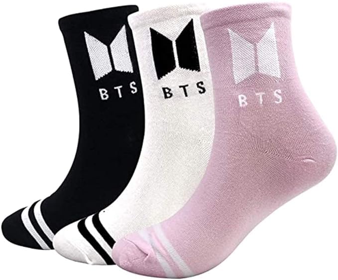 3 Pairs BTS Bangtan Boys Socks, Cotton Knit Socks, Warm Athletic Socks with 1 Bangtan Boys 3D Sticker and 2 Bangtan Boys Photocard, Bangtan Boys Fan Gift Set for Army