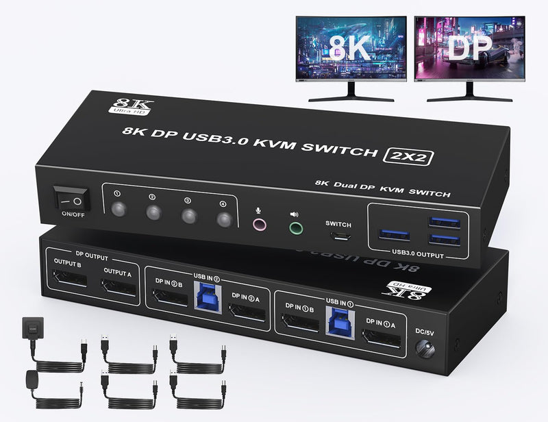 Displayport KVM Switch 2 Monitors 2 Computers with Audio Jack - 8k@60HZ 4K@144Hz Dual Monitor Kvm Switch with 3 USB 3.0 Port Sharing Keyboard Mouse, Included Wired Remote 2 Cables Displayport Switch