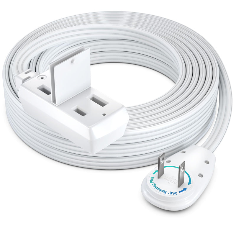 Maximm 20ft Extension Cord – 2-Prong Flat 360° Rotating Plug – Extended Reach Power Cable – Space-Saving Design – UL Certified – White 20 Feet