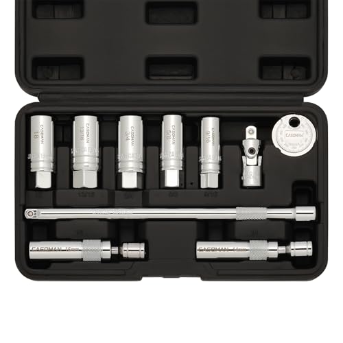 CASOMAN 10PCS 3/8"Drive Magnetic Spark Plug Socket Set, 6PT&12PT, Include Extension Bar, Universal Joint & Spark Plug Gapper, CR-V Steel 10-Piece Set with Accessory