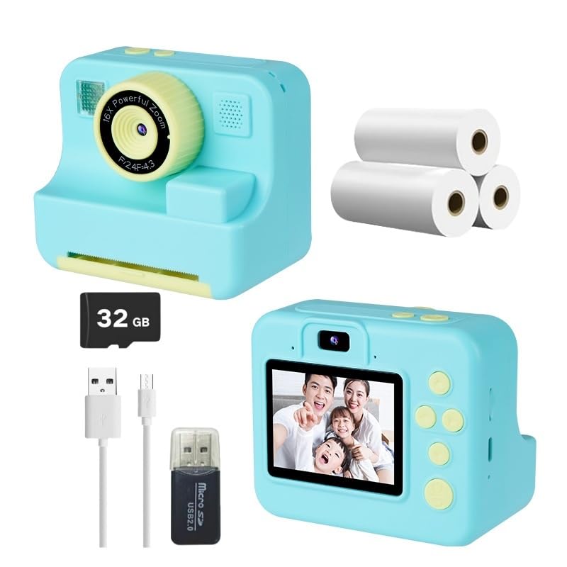 Instant Print Camera for Kids with 1080P HD & Photo Printing | Portable Digital Camera Toy for Ages 3-12 Years Children days's Gift,Birthday Includes 32GB SD Card (Green) Green