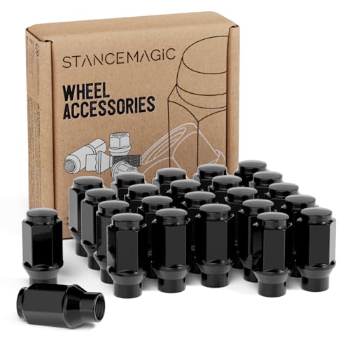 24pcs Black Bulge Lug Nuts - Metric 14x1.5 Thread Size - 1.75 inch Length - ET Style - Cone Conical Taper Seat Shank - Closed End - Compatible with 6Lug Vehicles and Aftermarket Wheels
