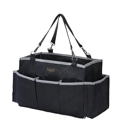 Denifiter Waxed Canvas Tool Pouch,1 Large Capacity Tool Storage Tote & 8 External Slots, 15 X 9.8 X 7.8 inch Muti-Purpose Tool Bag with Adjustable Shoulder Strap | Black
