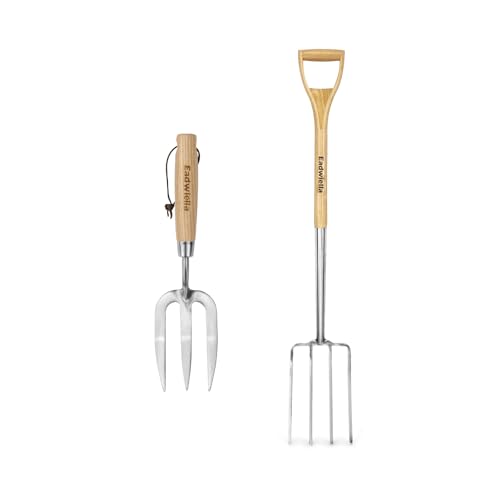 Garden Fork Hand Tool Small Weeding Fork 12 Inch with 3 Pointed Tines Wood Handle for Gardening Weeding Cultivating Digging Planting Transplanting Aerating Loosening Hard Soil Mixing Additives + Pitch