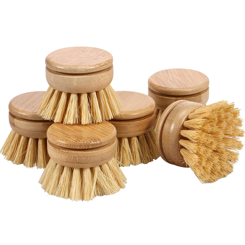 Bamboo Dish Brush - 6 Replacement Heads, Soft Sisal Bristle Scrubber, Brush for Kitchen Cleaning