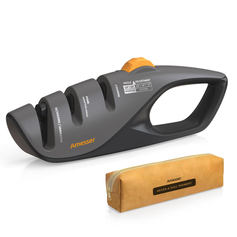 5-Angle Adjustable Knife Sharpener for Kitchen Knives, Scissors & Pocket Knives – Precision 15°-24° Sharpening with Coarse & Fine Slots, Non-Slip Base & Ergonomic Handle, Safe & Easy to Use Gray/Black