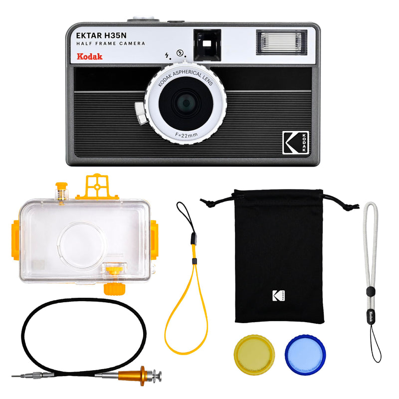 KODAK EKTAR H35N Half Frame Film Camera, 35mm, Reusable, Focus-Free, Bulb Function, Built-in Star Filter, Coated Improved Lens (Film & AAA Battery are not Included) (Striped Black, Premium Kit) Striped Black