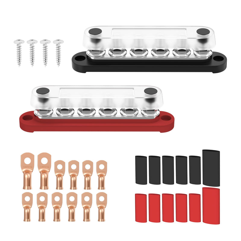 12V Bus Bar 250A Power Distribution Block, 12 Volt Busbars 6 x 5/16" (M8) Terminal Studs Positive & Negative for Car, Marine, Solar Systems