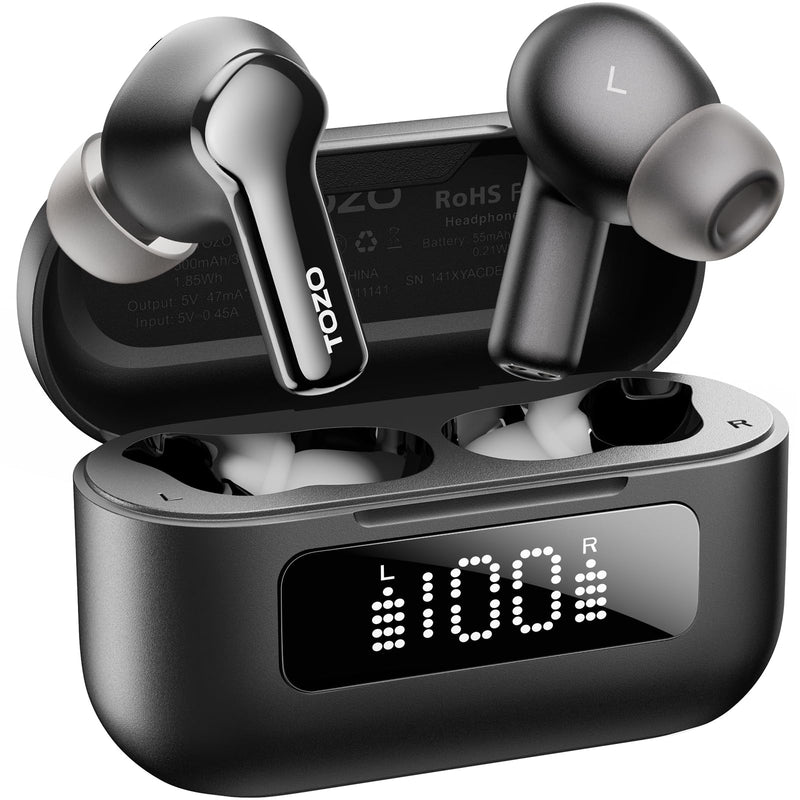 TOZO Hybrid Active Noise Cancelling Wireless Earbuds with 6 Mics AI Clear Call Ear Buds 55H Playtime with LED Display 32 Preset EQs via APP Bluetooth 5.3 IPX8 Waterproof in Ear Headphones Black