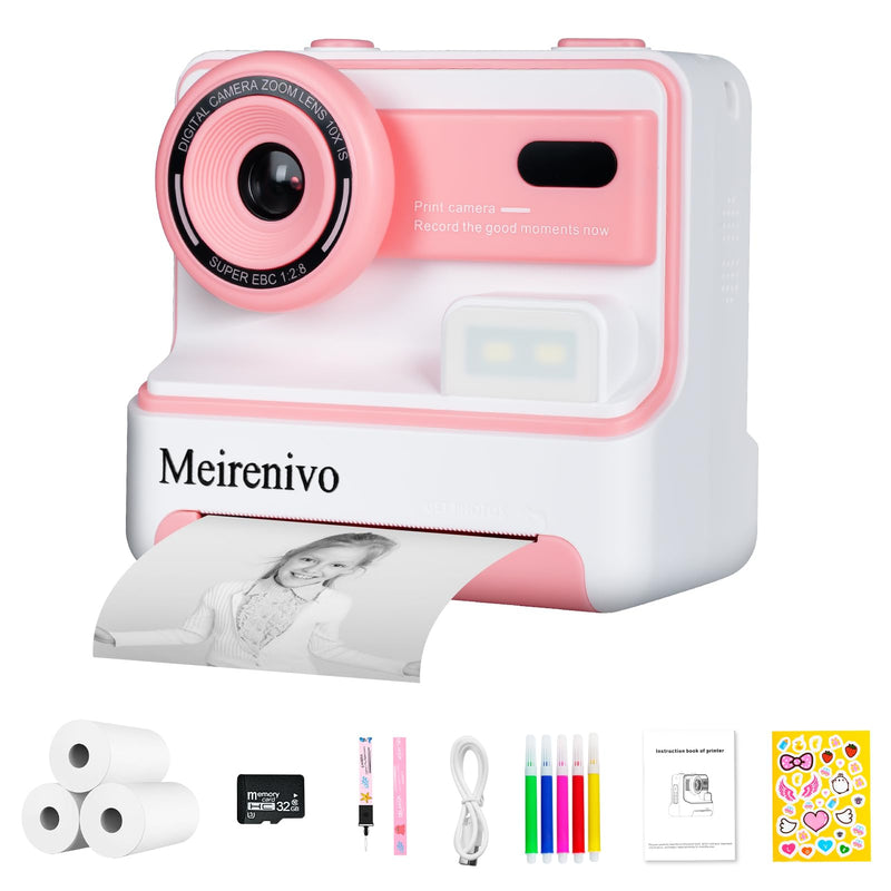 Instant Print Camera for Kids Toddler Camera Print for Girls Boys Age 3-12 2.4 Inch Screen 1080P Selfie Toddler Cameras for Children Birthday Gifts with 3 Rolls Print Paper & 32G Card(Pink) Pink