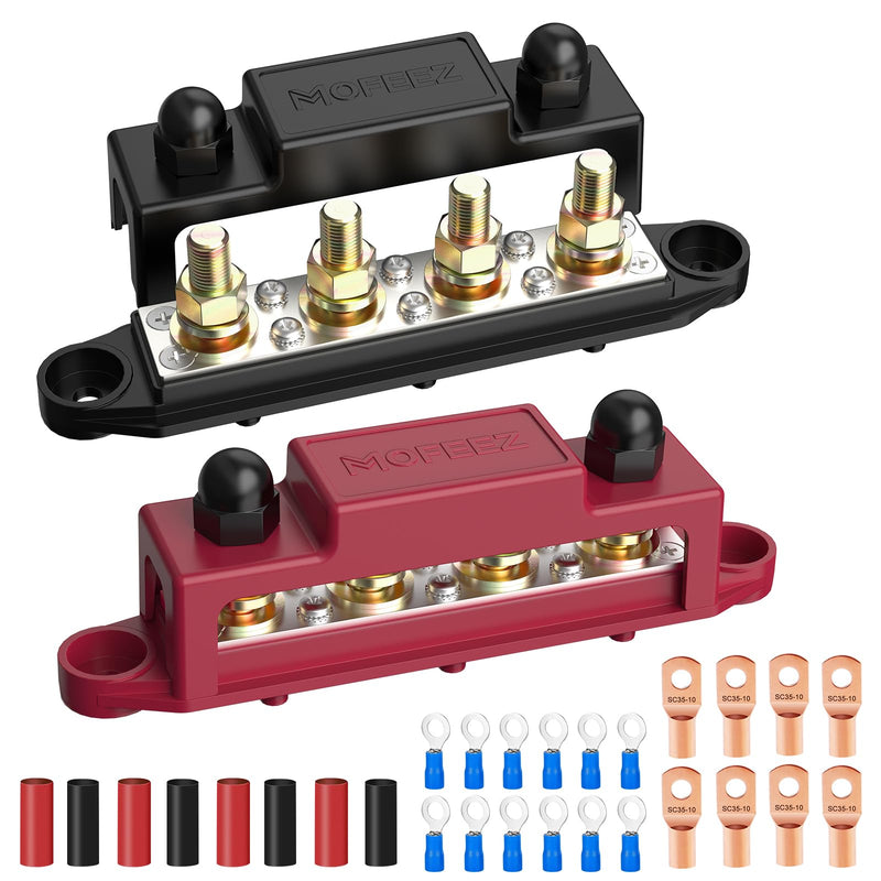 MOFEEZ Power Distribution Block Bus Bar, 4 x 5/16" Post Marine Bus Bar Battery Busbar Terminal Block with Cover, Lugs, Ring Terminals (Pair, Red & Black) 4*5/16" with copper lug