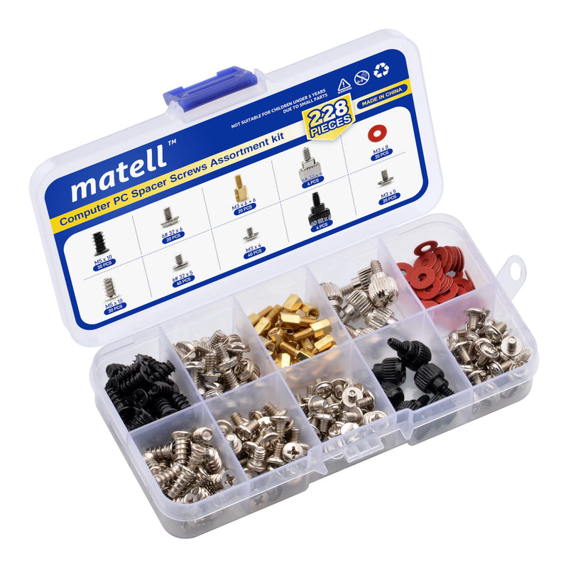 matell 228PCS Computer PC Spacer Screws Assortment Kit，Hard Drive Computer Case Motherboard Fan Power Graphics Chassis, CD-ROM, ATX Case， Power Card ，PC Installation & Repair