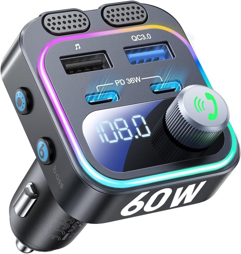 60W Bluetooth 5.4 FM Transmitter Car Adapter [Reinforced Dual Mics & Deep Bass] [Dual PD 60W & QC3.0] Fast Charging Handsfree Calling Wireless Radio Bluetooth Transmitter for Car [Black] Black