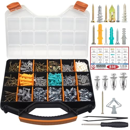 838-Piece Value Combo Set Plastic Drywall Anchor kit with Screws and Petal nut Expansion nut mounts, 11 Sizes Total Plus Screw tweezer Tool Set 11-Sizes Value Drywall Anchors Gray/Copper/White/Orange/Green/Silver（11-Sizes） 838
