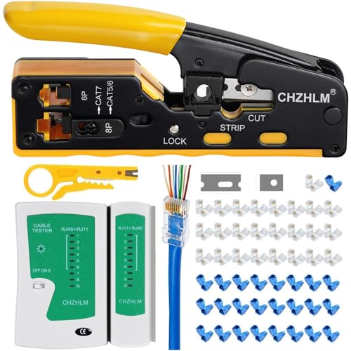 Rj45 Crimp Tool Pass Through Ethernet Crimping Tool kit for 8P-Cat7 Cat6 Cat5 6P Telephone Connector Network Crimp Tool RJ45 Crimper With Cable Tester Covers Connectors Mini Yellow Stripper Cat/5/6/7 RJ45 Crimp Tool Set