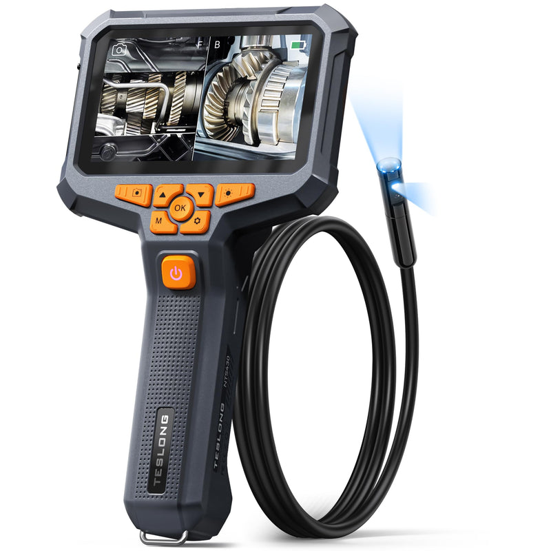 Dual Lens Endoscope Camera with Light, Teslong 4.3" HD Snake Borescope Inspection Camera, Automotive Scope Cam with Flexible Cable, Home Waterproof Fiber Optic for Sewer Drain Pipe (3.3FT) 3.3FT