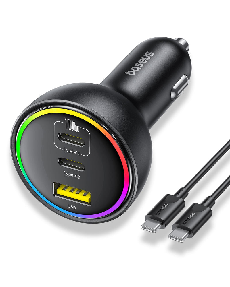 152.5W USB C Car Charger, Baseus Super Fast Charging 3 Ports Car Charger, PD3.0 QC4.0 Ultra Compact RGB Fast Type C Car PhoneCharger Adapter, for iPhone 17 16 15 14 Pro Max Samsung S24 MacBook iPad 152.5W with Cable