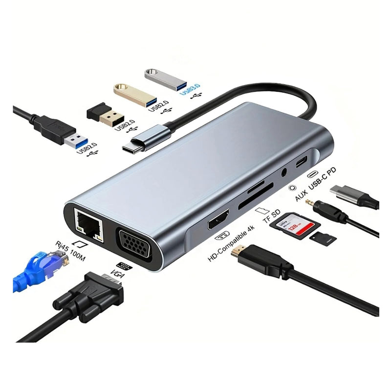 USB C Laptop Docking Station 11 in 1 Type-C Hub with HDMI,Ethernet,4 USB,VGA,SD TF Card Reader,Audio,PD Compatible with iPhone16/MacBook/Dell/Surface/HP/Lenovo and Other Type C Laptops