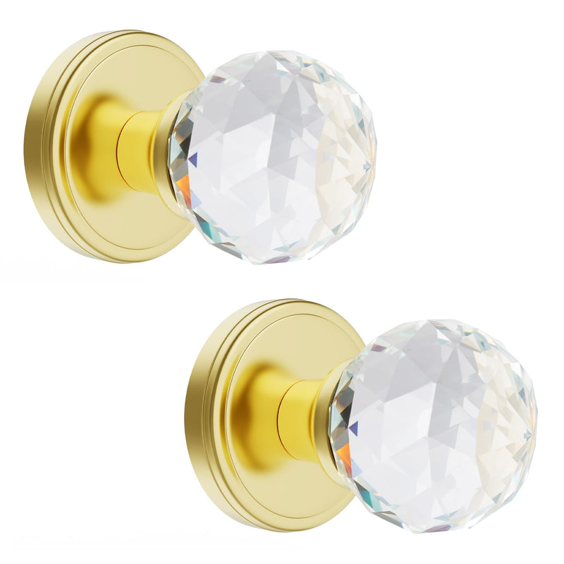 2 Pack Crystal Glass Dummy Door Knobs, Inactive Round Half-Dummy Door Knob Set, Single Side, Polished Brass Dummy 2 Pack