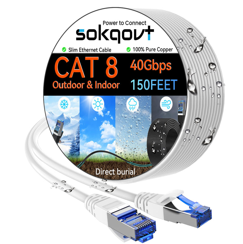 Sokqovt Cat 8 Ethernet Cable Slim 150ft Outdoor&Indoor, Pure Copper Cat8 Internet Cable for Waterproof & Direct Burial, Flexible Cat8 Ethernet Cable 40G 2000MHZ, Cat 8 Network Cable for Indoor White