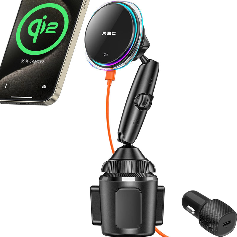 A2C for Qi2 Cup Holder Charger 15W Wireless MagSafe Car Mount with Semiconductor Cooler Fast Charging Fits for iPhone 16 15 14 13 12 Series, for Magnetic iPhone Car Accessories