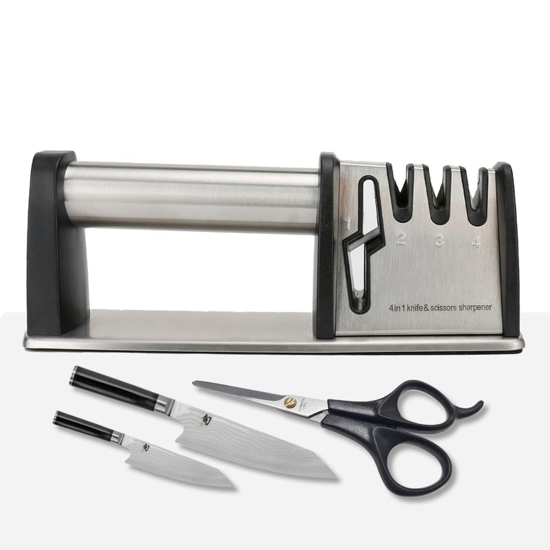 Knife Sharpener, 4 in 1 Knife and Scissors Sharpener, Stainless Steel Sharpening Tool for Kitchen Knives with Non Slip Rubber Base, Ergonomic Handle, Compact Design, Durable Build, Black
