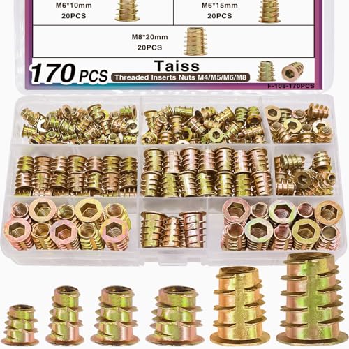 Taiss 170PCS Threaded Inserts Nuts,6 Sizes Wood Threaded Insert Kit+30 Sets 1/4-20 x 3/4" Furniture Screw Nut Threaded Inserts for Wood+30pcs 1/4-20 x 3/4" Flat Head Socket Head Screw