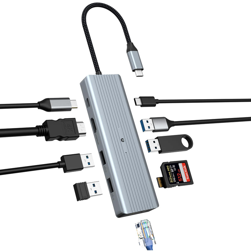 10 in 1 USB C Docking Station, USB C Hub USB C Adapter with 4K HDMI LAN RJ45, USB C 3.0, 100W PD, 2 USB A 3.0, 2 USB 2.0, SD/TF Ports