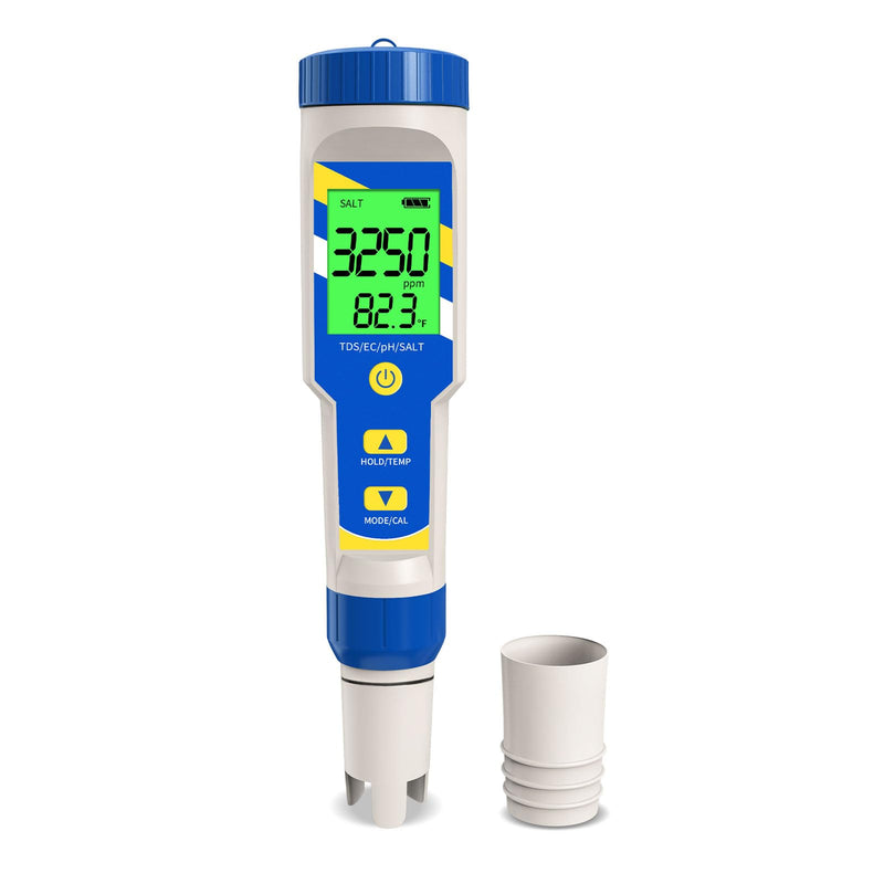 Pool Salt Tester pH Meter, Digital 7 in 1 pH EC TDS Temp Salinity Tester for Saltwater Pool Hot Tubs Spa Aquarium, pH and EC PPM Meter for Nutrients Growing light Blue