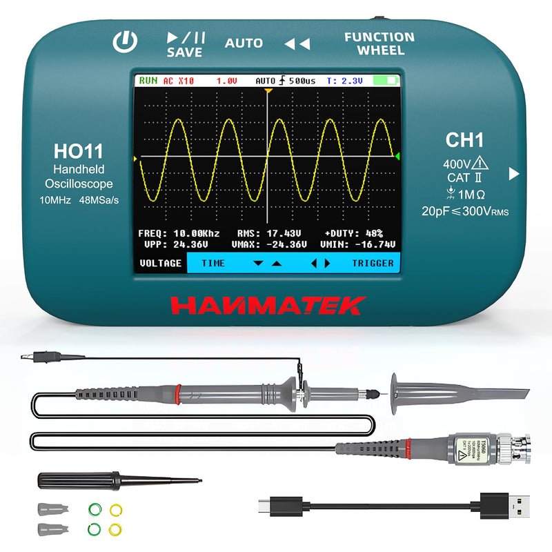 HANMATEK HO11 Handheld Digital Oscilloscope | 10 MHz bandwidth, 48 MSa/s sampling rate, 2.8 inch TFT display, USB rechargeable, practical trigger system for field work HO11 10MHz