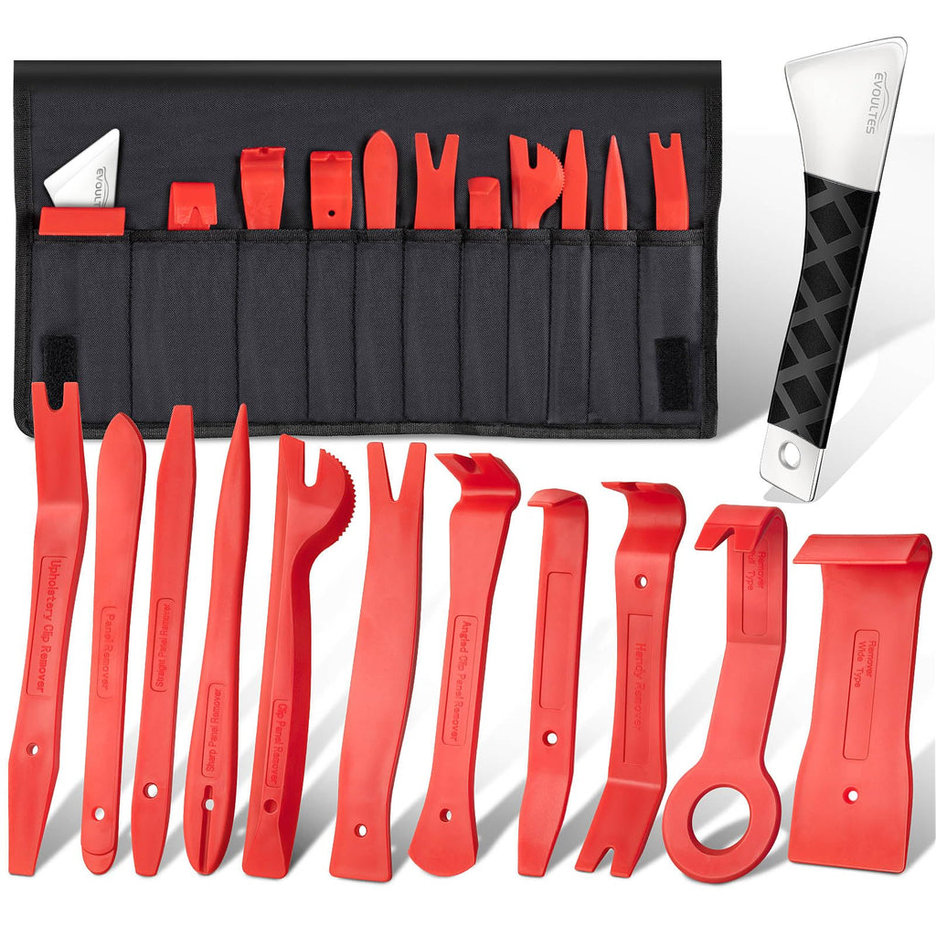 12 PCS Auto Trim Removal Tool Kit with Storage Bag, Plastic No Scratch Body Plastic Pry Tool with Stainless Steel Metal Pry Board, Car Removal Tools for Auto Door Panel, Dashboards, Clips, Baseboard