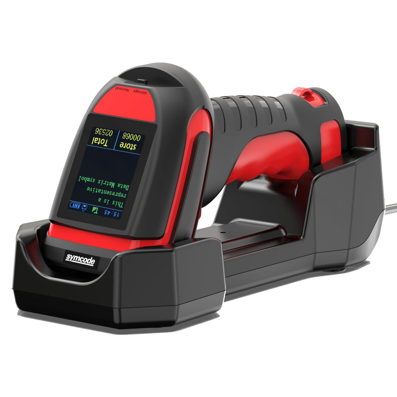 Symcode 2D Industrial Barcode Scanner with Charging Stand and Screen, 433Mhz 2-in-1 Bluetooth Wireless Hands-Free Barcode Reader Rugged Heavy Duty 2000 Feet Transmission Distance for Large Warehouse.