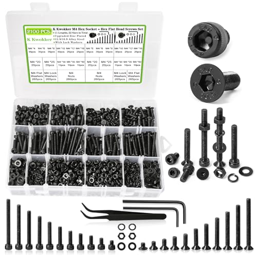 2100Pcs M4 Screw Kit 4MM to 40MM, Socket Head Screws & Flat Head Screws Assorted Nuts and Bolts Assortment Kit with Washer and Lock Washers, M4 Metric Screws Assortment
