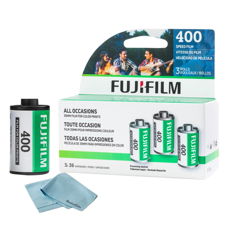 FUJIFILM 400 Color Negative Film (35mm Roll Film, 36 Exposures, 3-Pack) + BluebirdSales Microfiber Cleaning Cloth 400 Speed Film