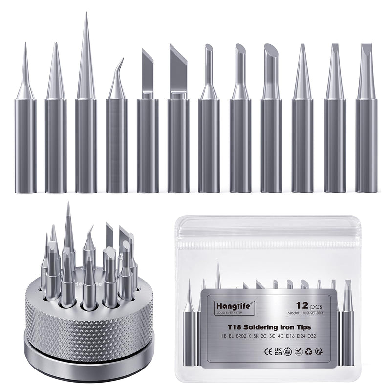 HANGLIFE T18 Soldering Iron Tips with Tip Holder for Hakko FX-888D FX-888 FX8801 FX-600, and More Soldering Stations/Guns - Replacement Solder Tips for Welding Equipment & Accessories (12 pcs) Kit 1 With Holder