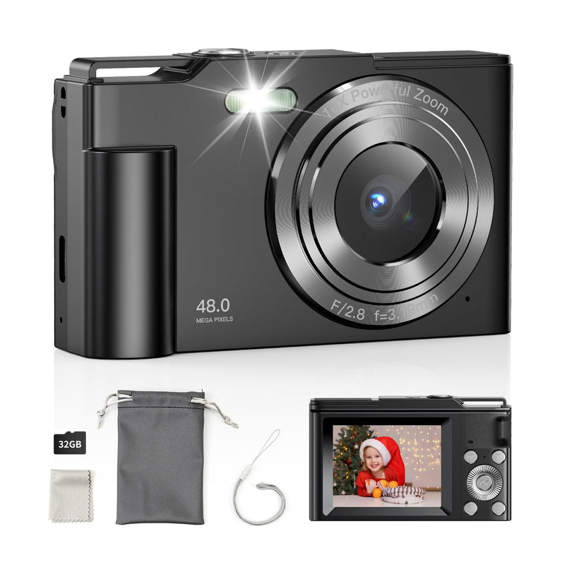 Digital Camera for Kids, FHD 1080P Point and Shoot Children's Camera with 16X Digital Zoom, Anti-Shake, Flash, 32GB Card, Portable Compact Travel Camera for Boys, Girls (Black) Black