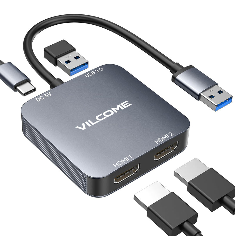 vilcome USB to HDMI Adapter, USB 3.0 to Dual HDMI Adapter with USB 3.0 Port, HDMI to USB Audio Video Graphics Converter Cable for Laptop Monitor Desktop TV, Compatible with Mac OS, Windows Dark Gray