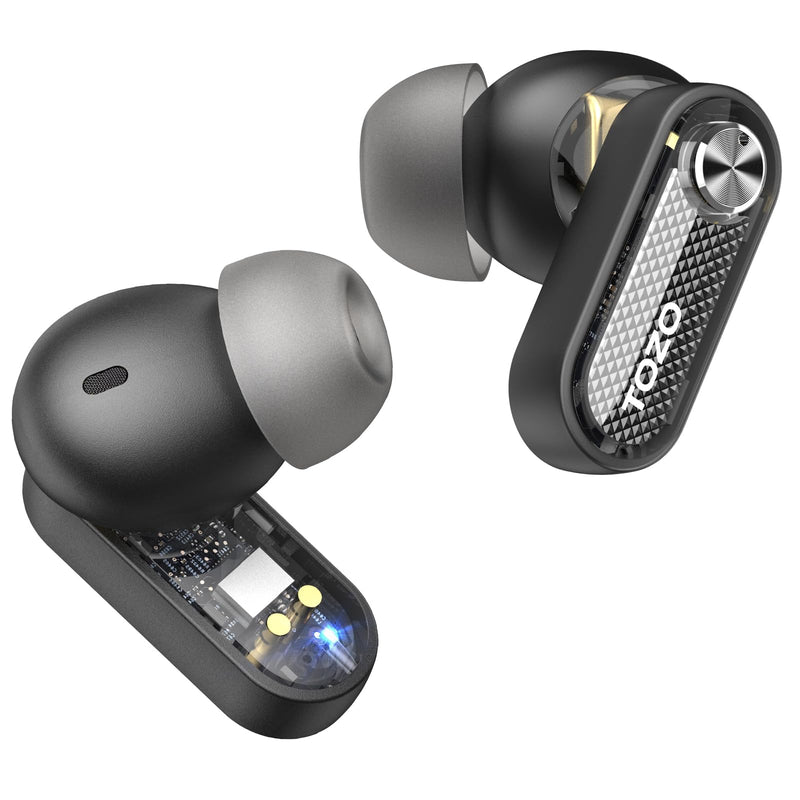 TOZO Hybrid Active Noise Cancelling Wireless Earbuds, 10mm Drivers Deep Bass Stereo Sound, 4 Mics Smart ENC AI Calls, 32 EQ Customization via App, Bluetooth 5.4 Headphones, Crystal Case Design Black