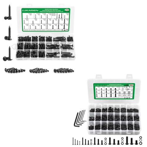 260 Pieces Phillips Pan Head Self-Tapping Screws, Wood Screws Assortment Kit, Black Carbon Steel, M3/M4/M5/M6 and 1500PCS M2 M3 M4 M5 M6 Hex Button Head Cap Metric Bolts and Nuts Kit