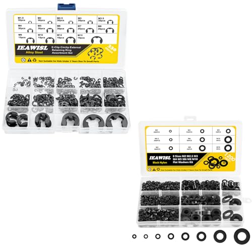 330PCS Alloy Steel E-Clips & 1200PCS Black Plastic Nylon Flat Washers