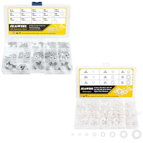 330PCS 304 Stainless Steel E-Clips & 1200PCS White Plastic Nylon Flat Washers