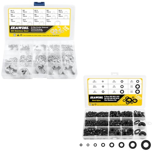 330PCS 304 Stainless Steel E-Clips & 1200PCS Black Plastic Nylon Flat Washers