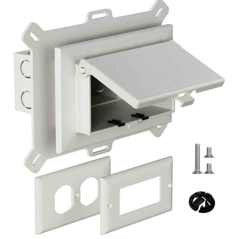 Recessed Outlet Box, DBHS1W-1 Low Profile Electrical Outlet Boxes, Wall Plate Kit for New Vinyl Siding, Enclosed Weatherproof Pack with Duplex & Decorator Style Covers, 1-Gang, Horizontal, White White, Horizontal