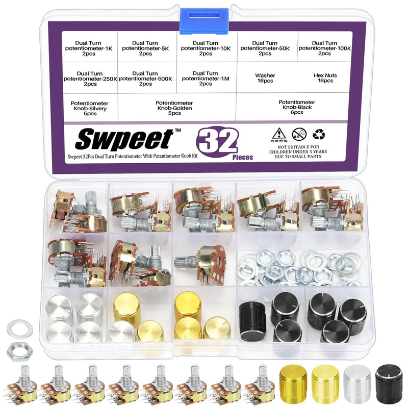 Swpeet 32pcs 8 Type B1K 5K 10K 50K 100K 250K 500K 1M Ohm 6 Pins Split Shaft Rotary Linear Dual Cone Audio B Type Potentiometer with 3 Types Aluminum Alloy Knob (WH148) and Washers