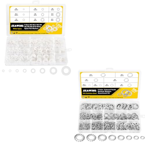 1200PCS White Plastic Nylon Flat Washers & 550PCS 304 Stainless Steel External Tooth Lock Washers