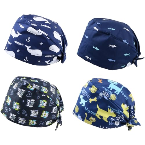 Amexo Pack of 4 Surgical Caps, Cotton Exfoliating Hat with Sweatband and Buttons, Surgical Hat, Dust Cap, Adjustable Bandana Cap, Chef's Hat for Men and Women blue