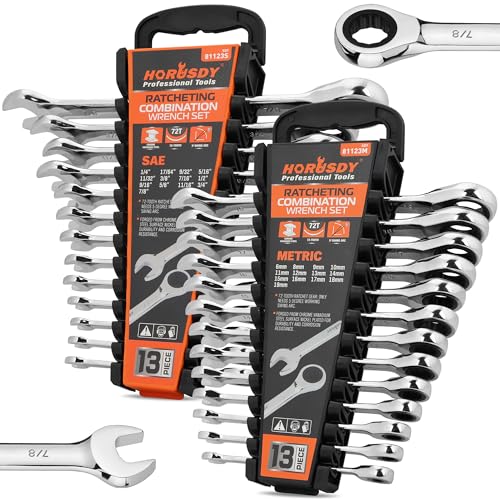 HORUSDY 26-Piece Ratcheting Wrench Set | Metric and SAE (6-19 mm & 1/4” to 3/4“) | Ratchet Combination Wrenches Set with Organizer | 72-Tooth | Chrome Vanadium Steel 26pcs Metric&SAE Ratchet Wrench Set