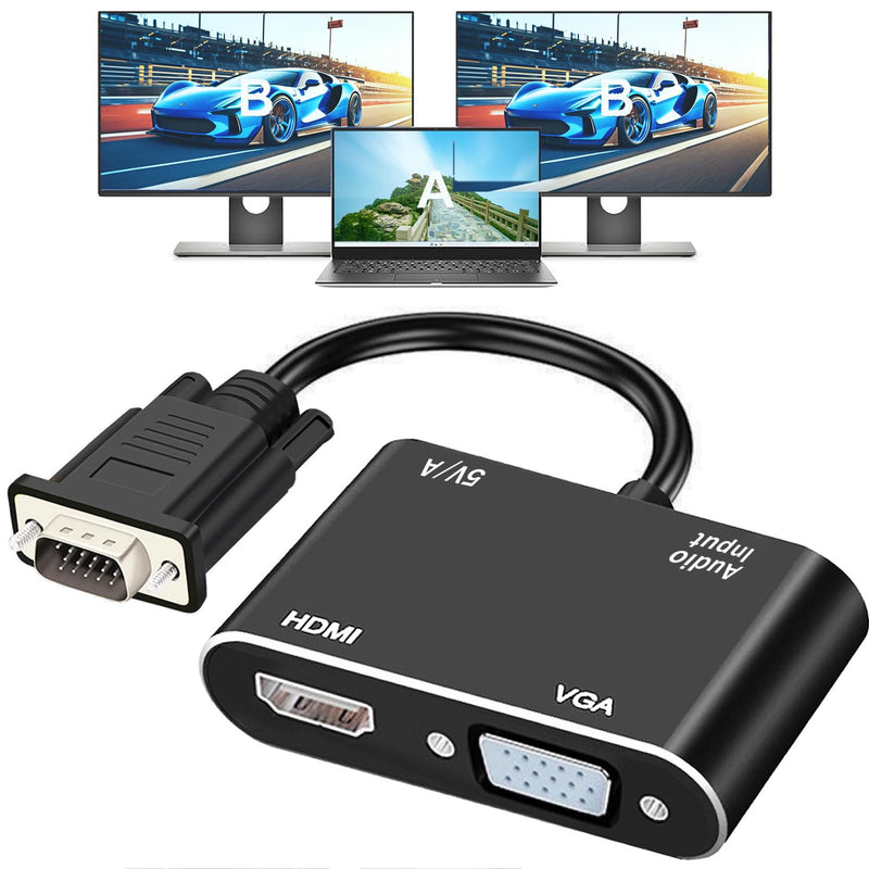 VGA to HDMI+VGA Adapter for Dual monitors, VGA to VGA, VGA to HDMI Adapter Splitter 2 IN 1,1080P@60HZ Full HD Display Video Converter for PC Laptop Link Monitor/HDTV/Projector, Fully Plug & Play