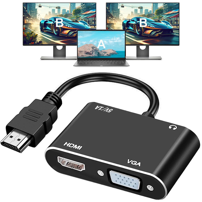 HDMI to VGA+HDMI Adapter for Dual Monitor, HDMI to VGA, HDMI to HDMI Splitter 2-in-1,1080P@60HZ Full HD Display Video Converter Compaitble with Windows/Mac Os/Linux, Plug & Play